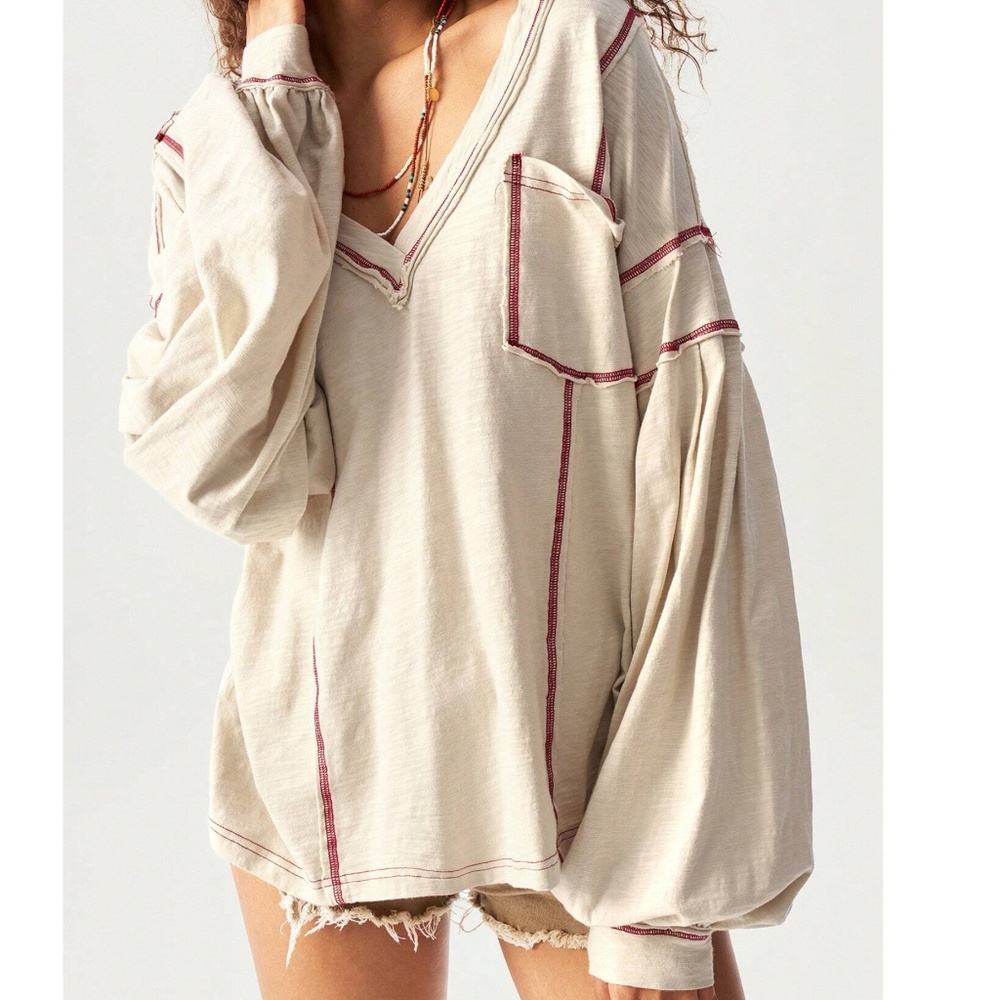 Solid Cotton V Neck Reverse Stitch Loose Fit Long… - image 7